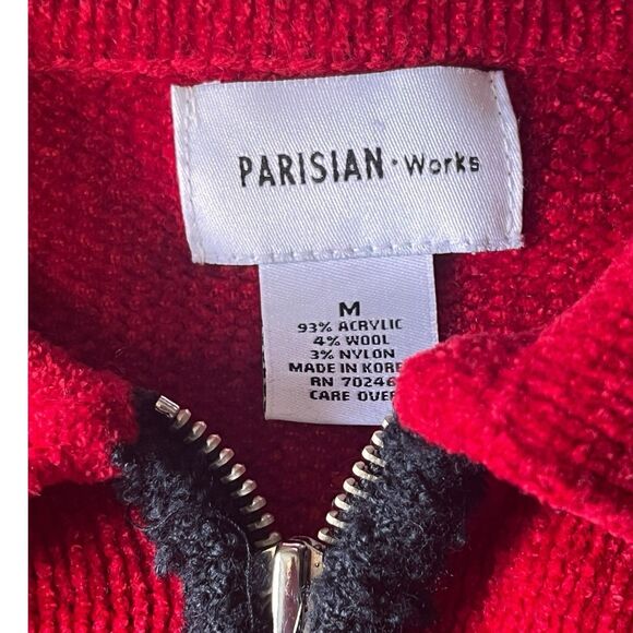Vtg Parisian Works Red Nordic Fair Isle Zip Front Cardigan Sweater w/Collar Sz M - Picture 4 of 11